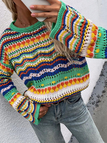 Sonicelife Rainbow Stripe Crochet Knit Sweater