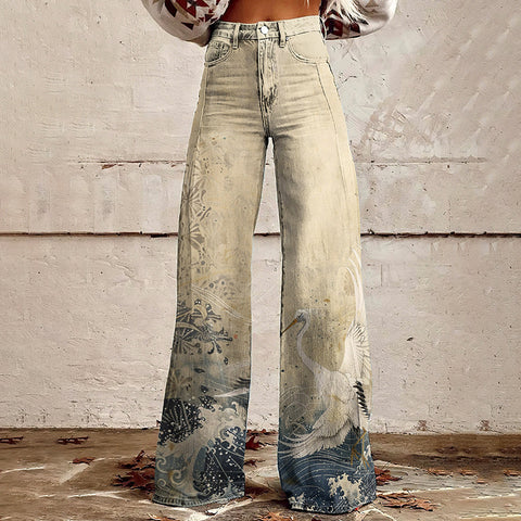 2000s fashion 2024 New 3D Thermal Transfer Flared Pants Simulation Denim Trousers Loose Pants