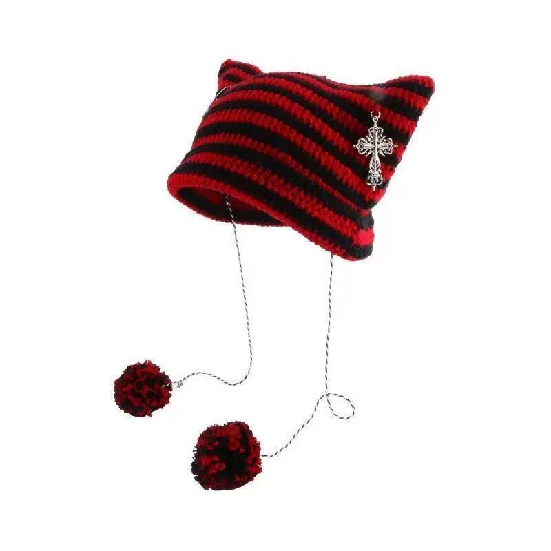 grunge outfits Fur Ball Style Ins Little Devil Striped Knitted Wool Hat Punk Style Cat Ears Cute Pointed Hat Curling Cold Hat