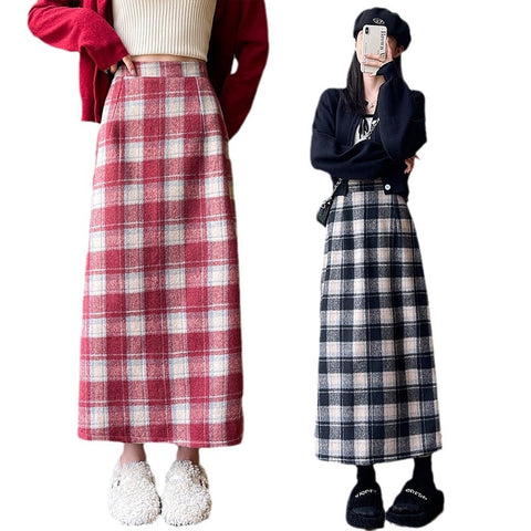 trending fall outfits 2024 Woolen Hip Skirt Autumn and Winter Retro 2024 New Mid-Length Skirt Women's Versatile High Waist Slimming A- line Plaid Skirt