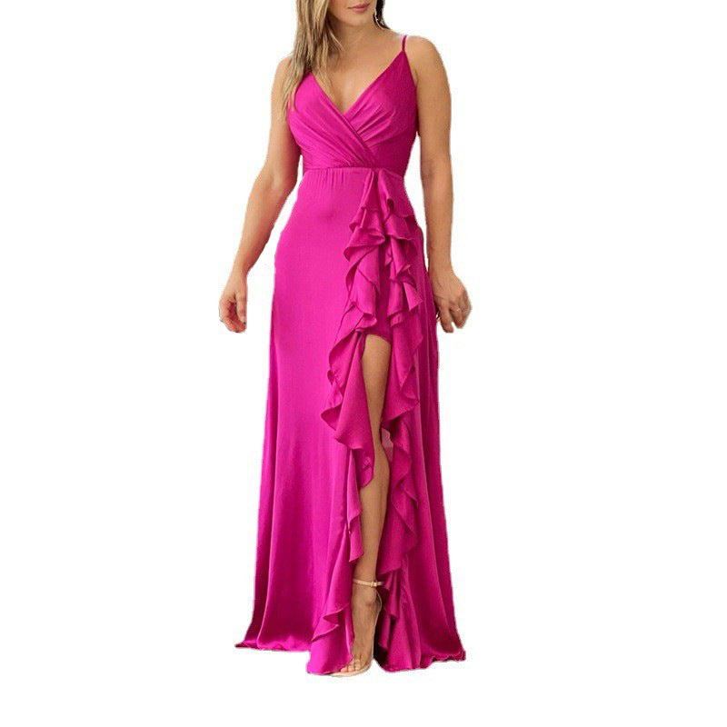 prom dresses Women's 2024 Summer New Strap V-neck High Waist Ruffled Irregular Slit Dress Dress