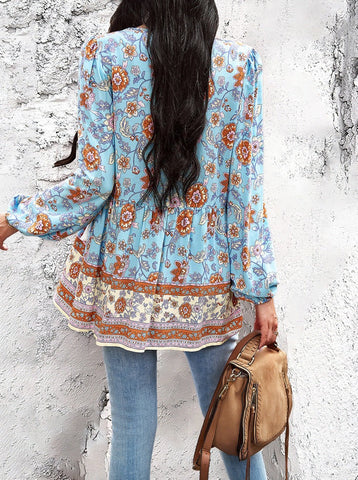 Sonicelife-Bohemian V-Neck Tassel Tie Long Sleeve Shirt