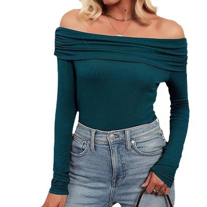 leapord halloween outfit Modal Fabric Women's Sexy off-the-Shoulder Top T-shirt Slim-Fit Long Sleeve Bottoming