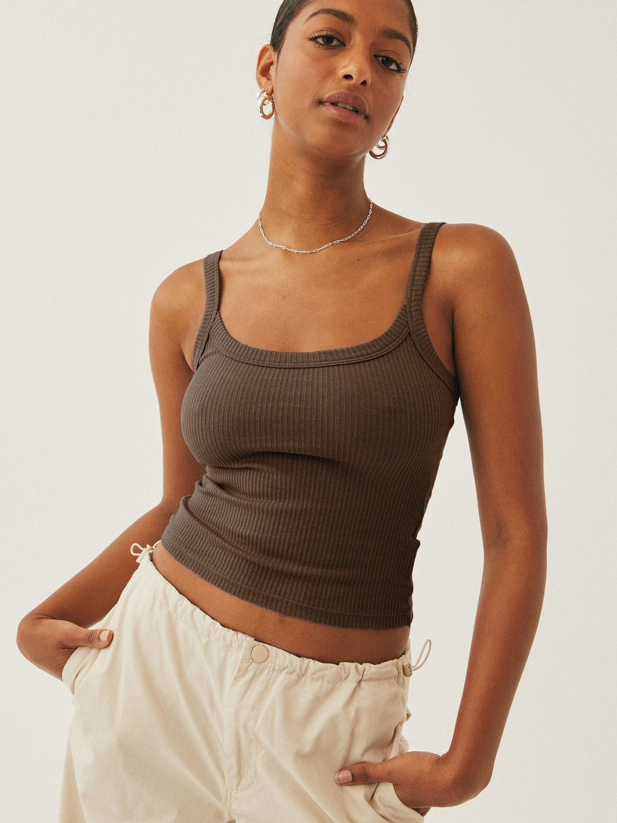 Sonicelife-Dark Brown Sexy Knitted Camisole Sleeveless Crop Top