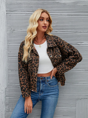 Sonicelife-Casual Leopard Print Denim Short Jacket