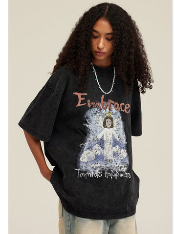 Sonicelife-Spring Black Basic Angel Printed Oversized Shirt
