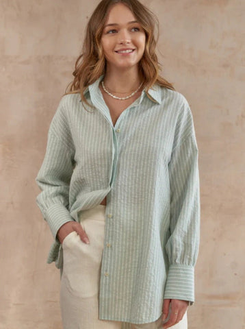Sonicelife-Casual Green Loose Button Down Striped Long Sleeve Shirt