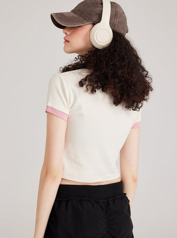 Sonicelife-Pink Round Collar Short-Sleeved Sexy Top