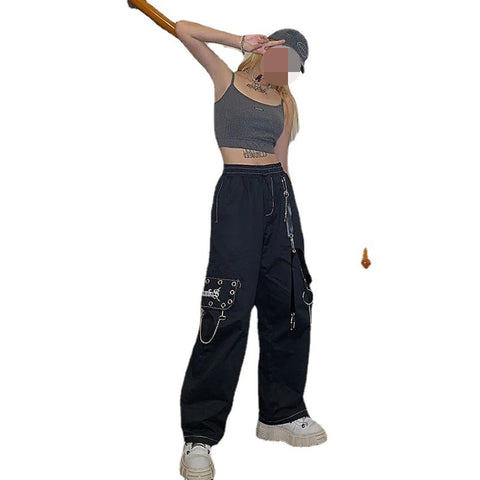 concert outfit Harajuku Block Hot Girl Pants Women Hong Kong Style Fried Street Pants Black Casual Gothic Style Street Hip Hop Tooling Wide Leg Pants