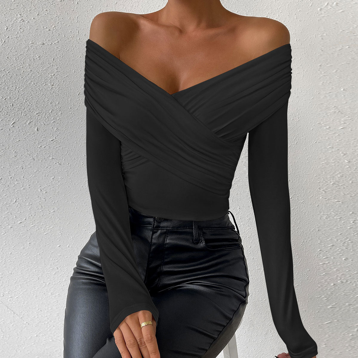 leapord halloween outfit 2024 Autumn and Winter Sexy Deep V Long-Sleeved Women's Small Top Pleated off-the-Shoulder Women's Clothing