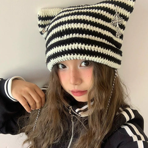 grunge outfits Fur Ball Style Ins Little Devil Striped Knitted Wool Hat Punk Style Cat Ears Cute Pointed Hat Curling Cold Hat