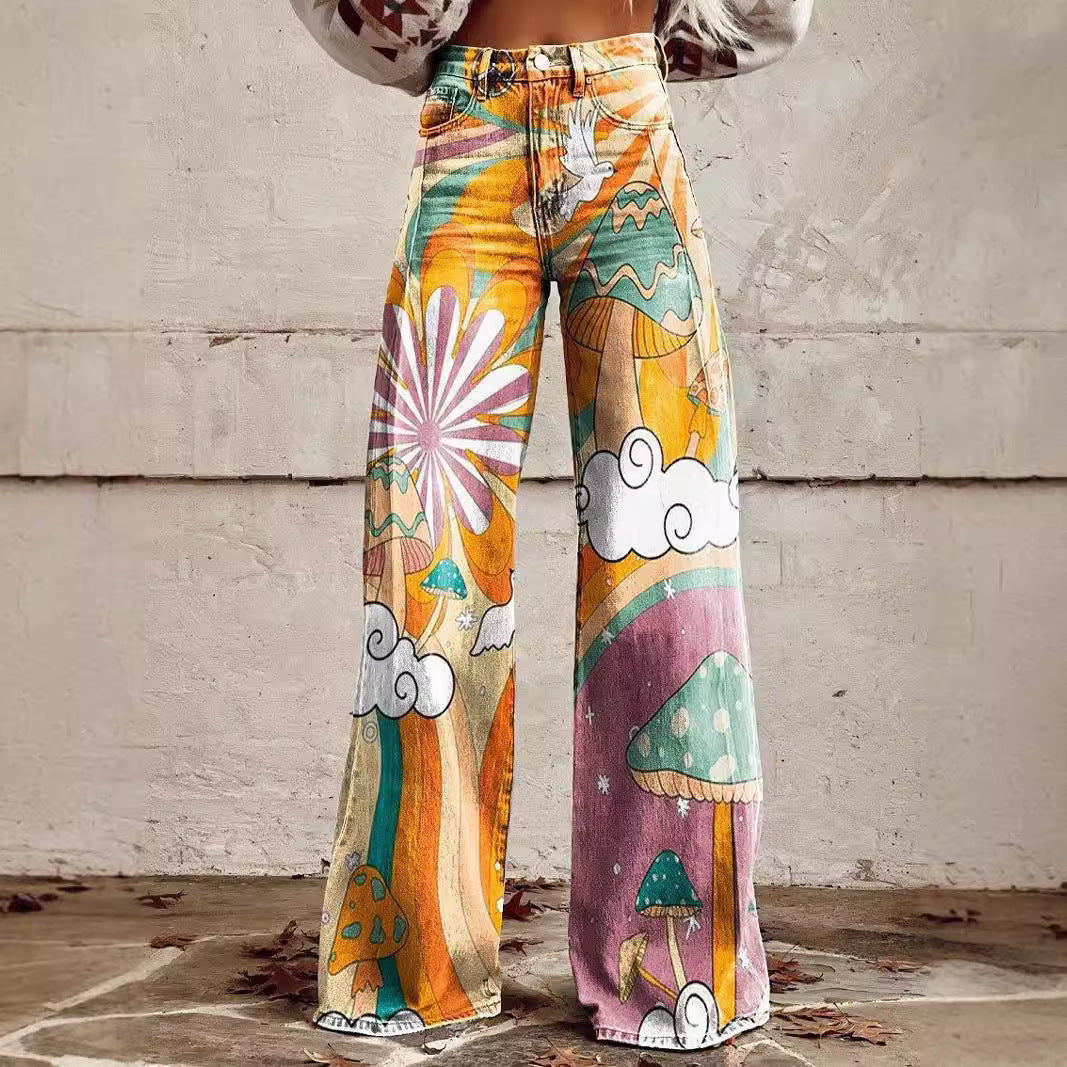 2000s fashion 2024 New 3D Thermal Transfer Flared Pants Simulation Denim Trousers Loose Pants