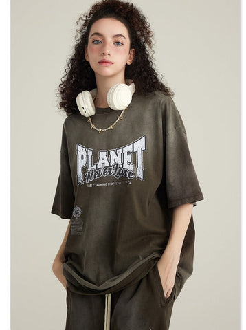 Sonicelife-Spring Gray Basic Planet Printed Oversized Shirt