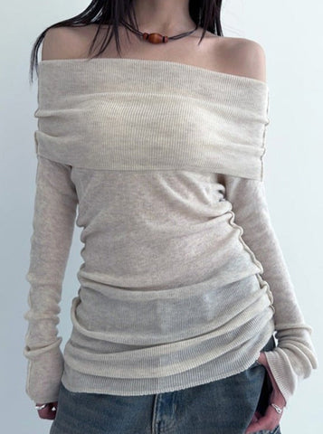Sonicelife-Off Shoulder Long Sleeve Elegant Plain Knit Shirt