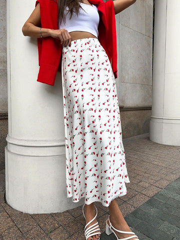 Sonicelife-Cross-border floral skirt European and American 2024 spring temperament elegant high waist A-line fishtail cherry print skirt