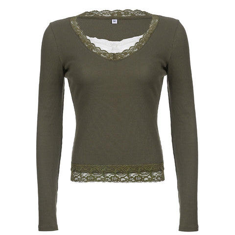 Sonicelife 90s streetwear Women's Spring New Gray Green V-neck Tight Waist Lace Knitted Top EBay