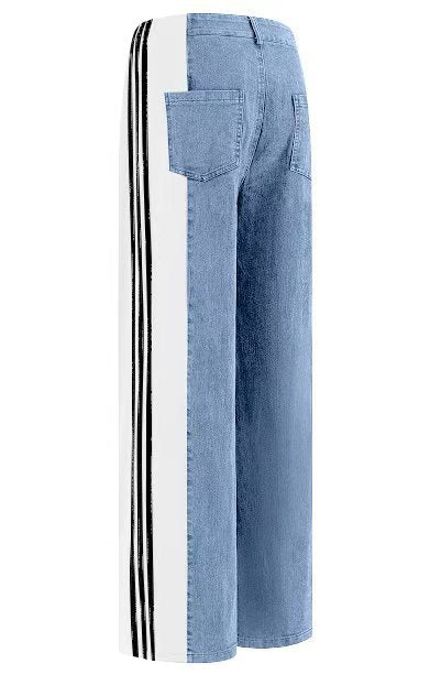 dti outfits 2024 Women's New Casual Fashion All-Match High Waist Stretch Contrast Color Knitted Stitching Denim Straight Trousers