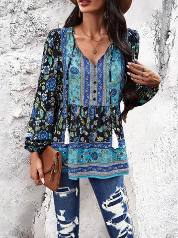 Sonicelife-Bohemian V-Neck Tassel Tie Long Sleeve Shirt