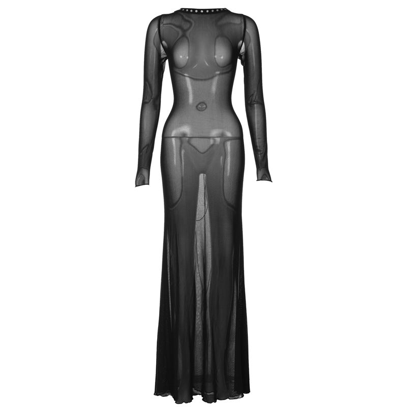 avant garde dress to impress Fashionable New Autumn Women's Clothing Sexy Mesh Backless Lace-up Long Sleeve Super Long Dress Women