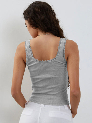 Sonicelife-Grey Tank Lace Sleeveless Crop Top
