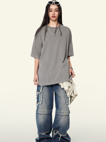 Sonicelife-Gray Trendy Vintage Short-Sleeved Loose T-Shirt