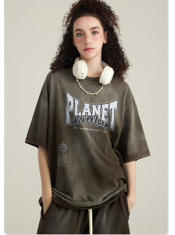 Sonicelife-Spring Gray Basic Planet Printed Oversized Shirt