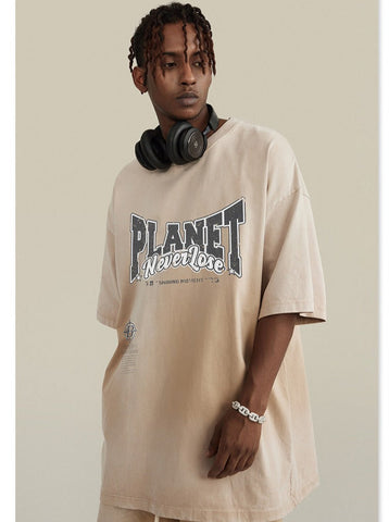 Sonicelife-Spring Beige Basic Planet Printed Oversized Shirt