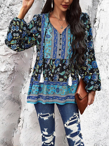 Sonicelife-Bohemian V-Neck Tassel Tie Long Sleeve Shirt