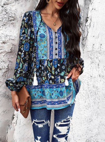 Sonicelife-Bohemian V-Neck Tassel Tie Long Sleeve Shirt