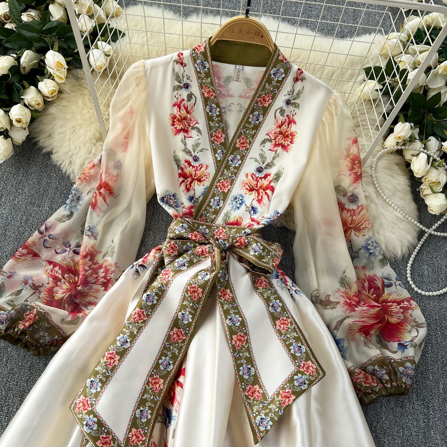 pop culture dress to impress French Retro Elegant Dress Women's High-Grade Court Style Printed Lace-up Waist-Tight Elegant Dress Long Skirt