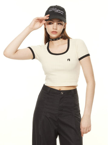 Sonicelife-Sexy Square Collar Navel-Baring Short Sleeved T-Shirt