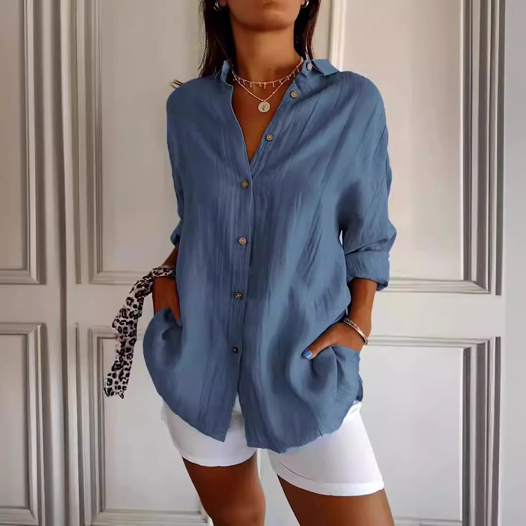 fashion outfits 2024 Single-Breasted Pleated Lapel Shirt Women's Solid Color Sleeve Top