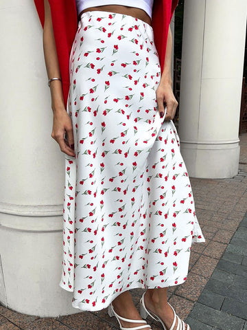 Sonicelife-Cross-border floral skirt European and American 2024 spring temperament elegant high waist A-line fishtail cherry print skirt