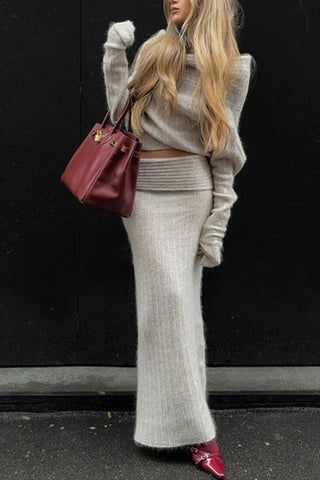 Sonicelife-Off-Shoulder Sweater Midi Skirt Suits