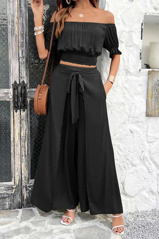 Sonicelife Off-shoulder Crop Top Tie-up Pants Suits