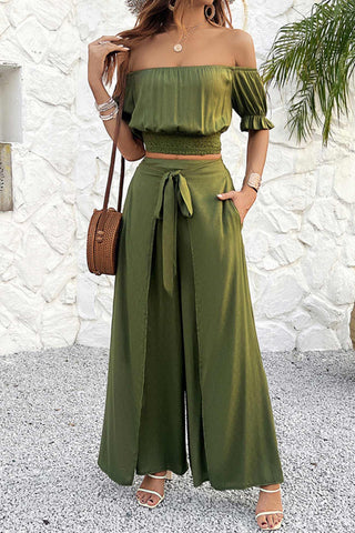 Sonicelife Off-shoulder Crop Top Tie-up Pants Suits