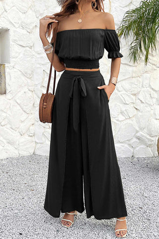 Sonicelife Off-shoulder Crop Top Tie-up Pants Suits