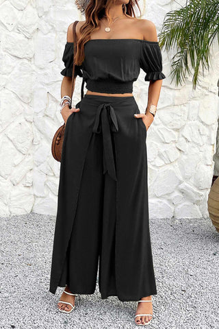 Sonicelife Off-shoulder Crop Top Tie-up Pants Suits