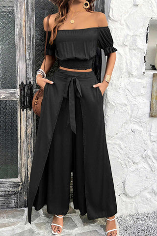 Sonicelife Off-shoulder Crop Top Tie-up Pants Suits