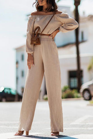 Sonicelife-Off-shoulder Crop Top Wide Leg Long Pants Suits