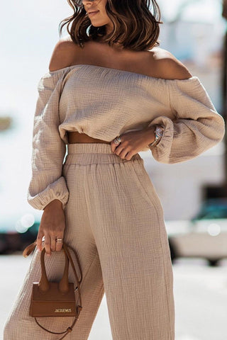 Sonicelife-Off-shoulder Crop Top Wide Leg Long Pants Suits