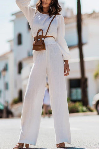 Sonicelife-Off-shoulder Crop Top Wide Leg Long Pants Suits
