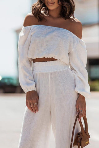 Sonicelife-Off-shoulder Crop Top Wide Leg Long Pants Suits