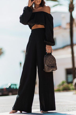 Sonicelife-Off-shoulder Crop Top Wide Leg Long Pants Suits