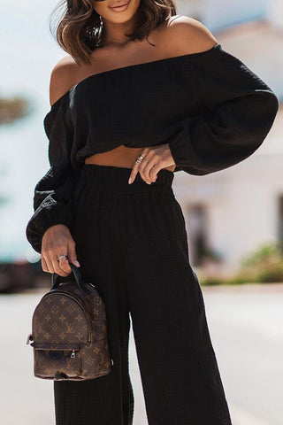 Sonicelife-Off-shoulder Crop Top Wide Leg Long Pants Suits