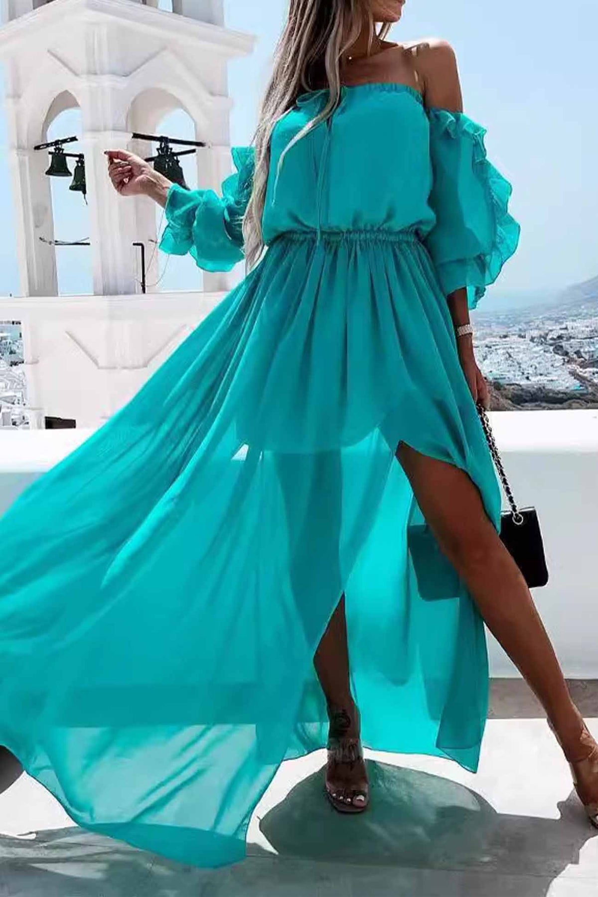 Sonicelife Off shoulder Slit Ruffle Midi Dress