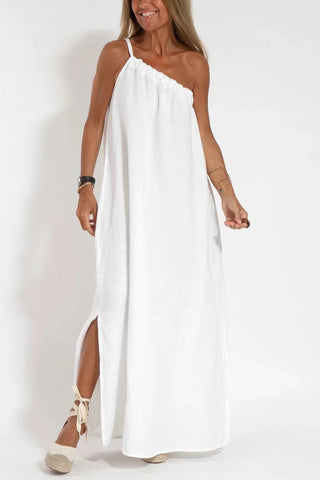 Sonicelife-One Shoulder Tie-straps Slit Cotton Maxi Dress