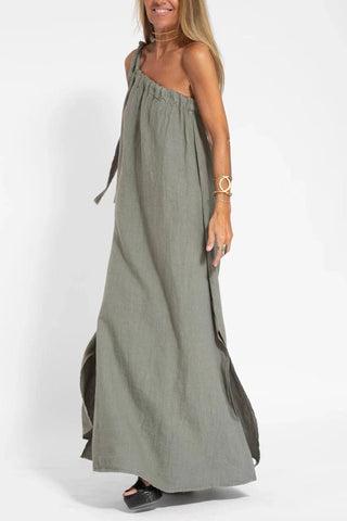 Sonicelife-One Shoulder Tie-straps Slit Cotton Maxi Dress