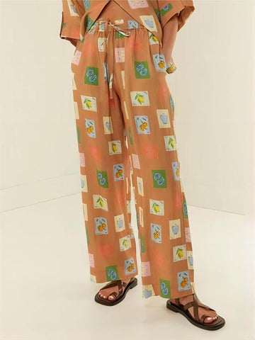 Sonicelife-Loose Wide-Leg Trousers With Ethnic Botanical Floral Print