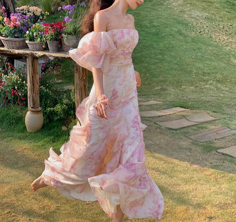 Sonicelife Pink Chiffon Off Shoulder Floral Puff Sleeves Maxi Dress